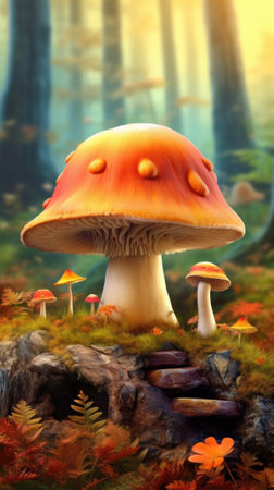 A group of mushrooms sitting on top of a lush green forest, AIの素材