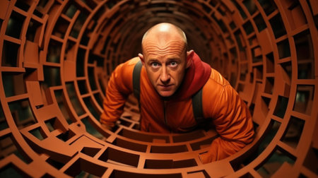 A man in an orange jacket looking up at the camera, AIの素材