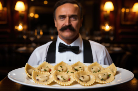 A man in a bow tie holding a plate of pasta, AIの素材