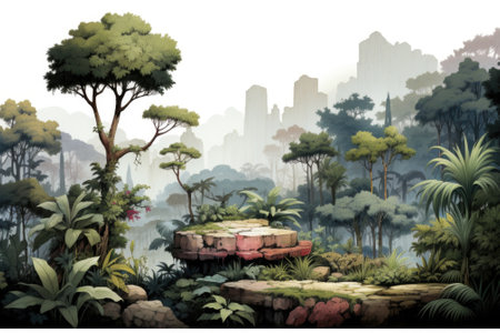 A digital painting of a jungle with trees and rocks, AIの素材