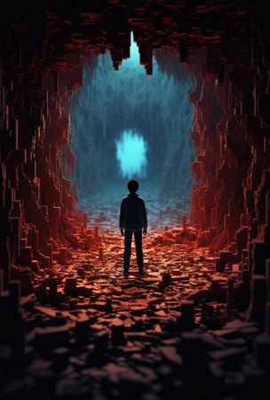 A man standing in a cave with a blue light coming out of it, AIの素材