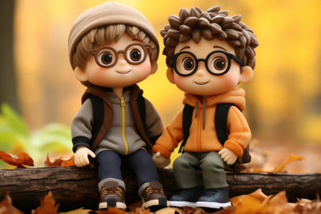 A couple of figurines sitting on top of a log. AI.の素材