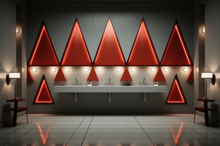 A bathroom with three sinks and red lights. AI.の素材