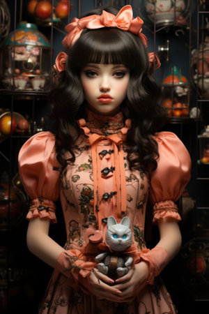 A woman in a pink dress holding a teddy bear. AI.の素材