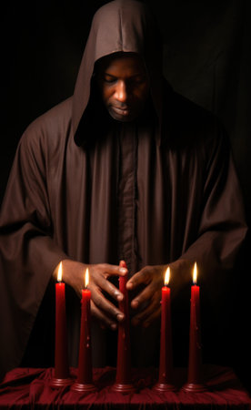 A man in a monks robes lighting candles. AI.の素材