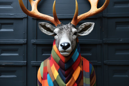 A fake deer with a scarf around its neck. AI.の素材