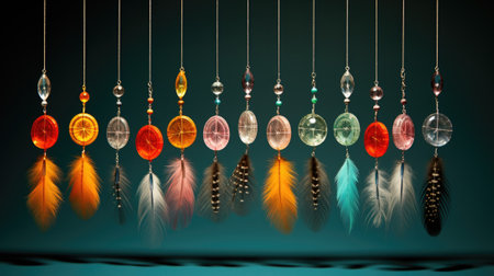 A bunch of different colored feathers hanging from strings. AI.の素材