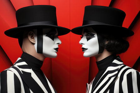 A couple of mime people with face paint and hats. AI.の素材