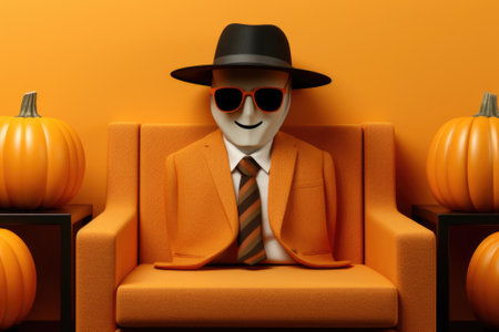 A half man mannequin in a suit and tie sitting in a chair with pumpkins. AI.の素材