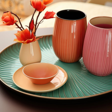 A plate with two vases and a cup on it. AI.の素材