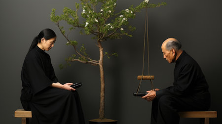 A man and a woman sitting on a bench next to a tree. AI.の素材
