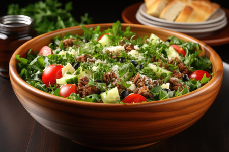 A wooden bowl filled with a salad next to a plate of bread. AI.の素材