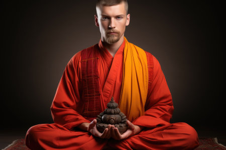 A man sitting in a meditation position holding a small buddha. AI.の素材