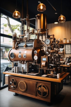 A steampunk coffee machine sitting on top of a wooden counter. AI.の素材