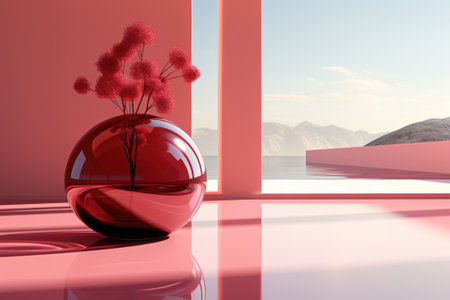 A red vase with some flowers in it. AI.の素材