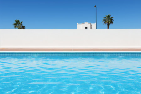 A pool with a white wall and palm trees in the background. AI.の素材