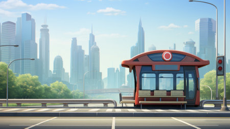 A red bus driving down a street next to tall buildings. AI.の素材