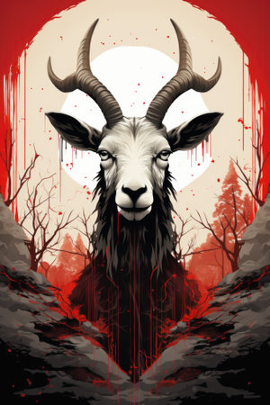A goat with large horns standing in front of a full moon. AI.の素材