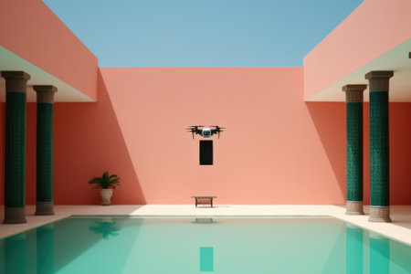 A pool with a bench in the middle of it. AI.の素材