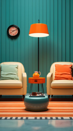 A room with two chairs, a table and a clock. AI.の素材