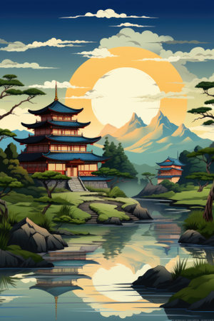 A painting of a pagoda in the middle of a lake. AI.の素材