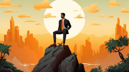 A man in a suit standing on a cliff. AI.の素材