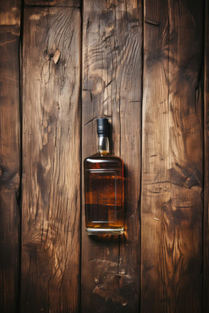 A bottle of whiskey sitting on top of a wooden table. AI.の素材