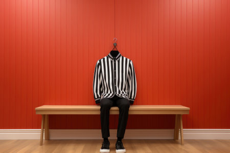 A mans suit sitting on a bench in front of a red wall. AI.の素材