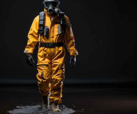 A man in a yellow suit and a gas mask. AI.の素材