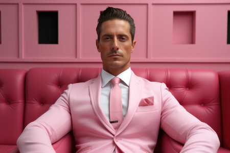 A man in a pink suit sitting on a pink couch. AI.の素材