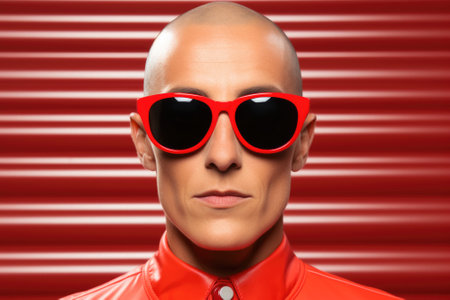 A bald man wearing red sunglasses and a red shirt. AI.の素材