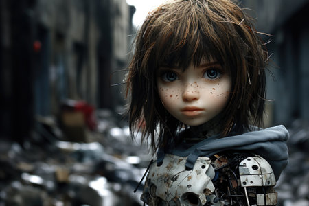 A close up of a doll in a city. AI.の素材