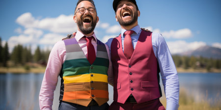 A couple of men standing next to each other. AI.の素材