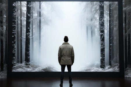 A man standing in front of a large window. AI.の素材