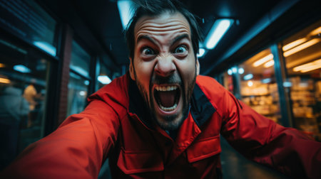A man in a red jacket with his mouth wide open. AI.の素材