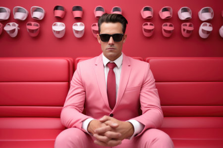 A man in a pink suit sitting on a red bench. AI.の素材