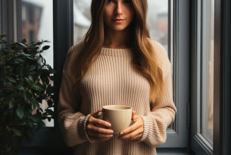 A woman holding a coffee cup, AIの素材