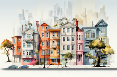 A painting of a city with many different colored houses, AIの素材