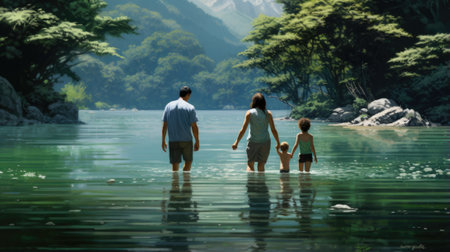 A family walking through the water with mountains in the background, AIの素材