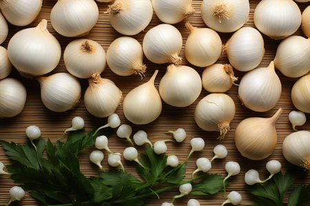 A bunch of onions and garlic are arranged on a table, AIの素材