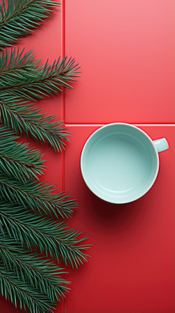 A christmas tree branch ant empty cup, top view, AIの素材