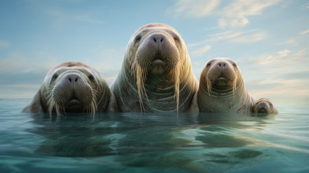 Three walruses are swimming in the ocean, AIの素材