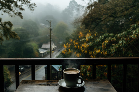 A cup of coffee on a table in front of a street and a forest, AIの素材