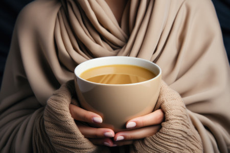 A woman in a blanket holding a cup of tea, AIの素材
