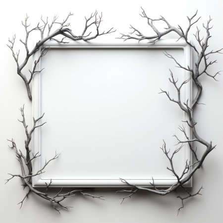 A frame with branches on a white wall, AIの素材