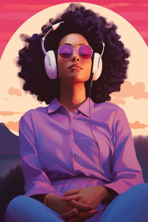 A woman with headphones and a purple shirt is sitting in the sun. AIの素材