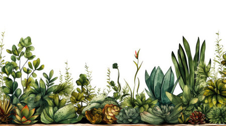 Watercolor illustration of a garden with plants and flowers, AIの素材