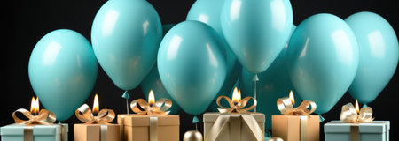 Blue balloons and gifts with candles on a black background, AIの素材