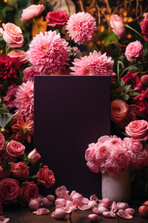 A black box with flowers and a vase of pink roses, AIの素材