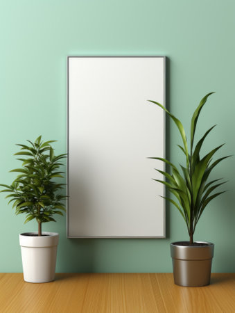 Blank frame with potted plants on wooden table, AIの素材